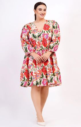 Leota Zariah Empire Waist Mini Dress Crown Floral Flame Scarlet