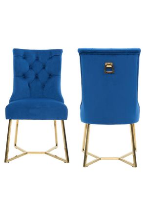 Life Interiors Set of 2 Ambra Modern Velvet Dining Chairs with Gold Legs, Ring Handle & Tufted Back in Blue