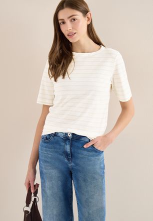 Cecil Rundhalsshirt CECIL, Damen, Gr. XL (44), vanillewei&szlig;, Jersey, Obermaterial: 100% Baumwolle, gestreift, normal h&uuml;ftbedeckend, Rundhals, Shirts Rundhals