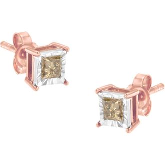 House of Brilliance 14K Rose Gold Plated 1/2 Ct Princess Diamond Solitaire Stud Earrings in White at Nordstrom