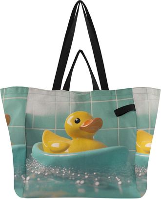 Generic Bubble Duck Teal print Reusable Canvas Tote Bag, Heavy Duty Grocery Shopping Bag with Large Capacity Hard Bottom Double Handles Work Groceries Travel