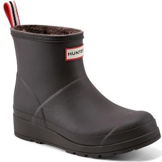 Hunter Play Short Faux Shearling Lined Waterproof Rain Boot in Dark Brown at Nordstrom, Size 11
