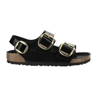 Birkenstock Flat Sandals, female, Black, Size: 11 US Patent Leather Open-Toe Sandals with Cork Sole