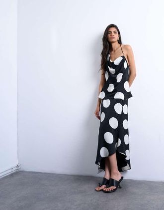 Topshop Gonna sottoveste lunga monocromatica a pois grandi con taglio sbieco in coordinato-Multicolore