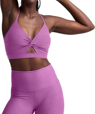 Beyond Yoga Twist Front Strappy Bra In Fun Fuschia Heather