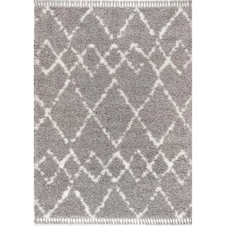 Jonathan Y Designs Mercer Shag Plush Tassel Moroccan Geometric Trellis Area Rug in Gray/ivory at Nordstrom, Size 2Ft 0In X 8Ft 0In