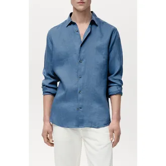 Mango Classic Fit Linen Button-Up Shirt in China Blue at Nordstrom, Size X-Small