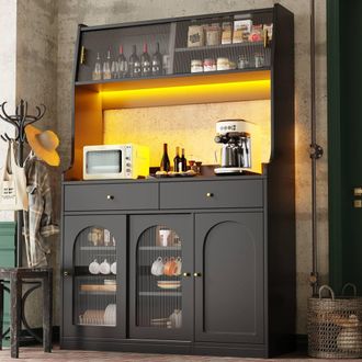 Merax Black Tall Kitchen Sideboard Dining Dresser with LED & Glass Doors