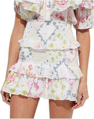 LoveShackFancy Bloemen Mini Rok Sicily Stijl - Dames - Korte rokken - Wit - XS - Katoen - Rokken