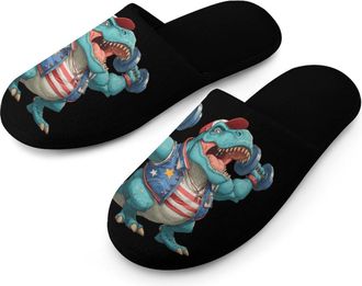 Generic Funny Weight Lifter Barbell Dinosaur Mens Slippers Warm Non-Slip Houes Shose Spa Slipper for Home Bedroom