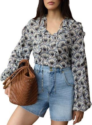 Mint Velvet Art Deco Ruffle Tie-Neck Blouse in Blue at Nordstrom, Size X-Large