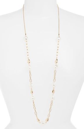 Nordstrom Faux Pearl Station Chain Long Necklace in Clear- White- Gold at Nordstrom