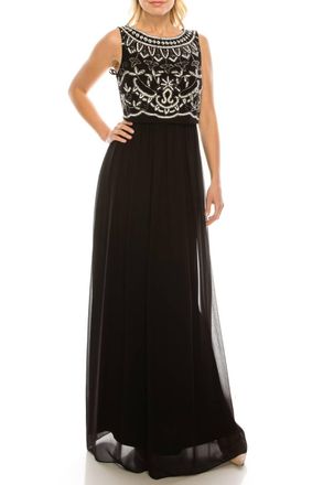 Adrianna Papell Sleeveless Popover Beaded Dress In Black Ivory