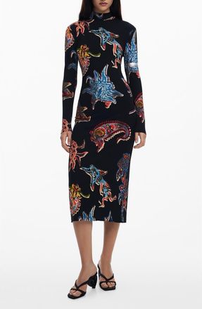 Desigual Abstract Print Long Sleeve Midi Dress in Black at Nordstrom, Size X-Small