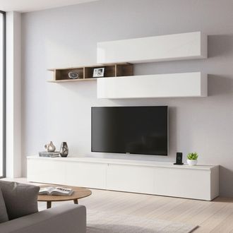 Dmora Dmora - Pared Equipada Gilma, Composici&oacute;n De La Sala De Estar, Muebles De Sal&oacute;n, Gabinete De Tv, Made In Italy, 276x40 H190 Cm, Blanco Brillante Y Rob