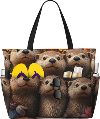 Generic Cute Otter Print Large Beach Bag Foldable Travel Shoulder Tote Bag With Pocket For Weekender Pool Vacation