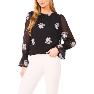 CeCe by Cynthia Steffe Floral Embroidered Ruffle Cuff Georgette Top in Rich Black at Nordstrom, Size X-Small