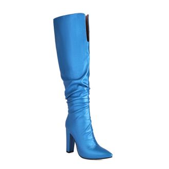 Generic Womens Pull on Slouch Long Boots Pointed Toe PU Leather Over The Knee Boots Chunky High Heel Thigh High Boot,Blue,3.5 UK