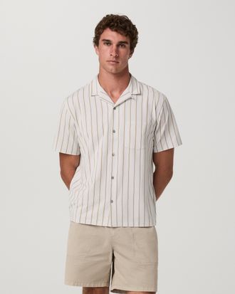 Vuori Clothing Short Sleeve Bridge Shirt - Camp Collar | Salt Marina Stripe | Medium