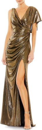 Mac Duggal Womens Asymmetrical Draped Metallic Trumpet Gown in Antique Gold at Nordstrom, Size 12