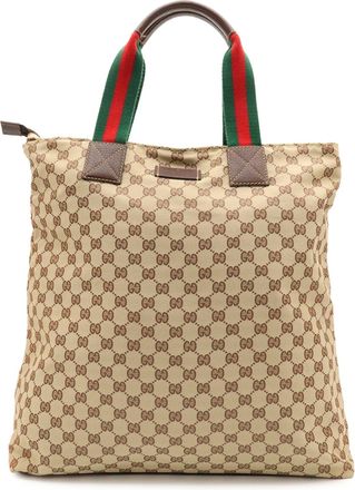 Gucci Beige Dark Brown Green Red Color Nylon Canvas Leather Tote Bag (Pre-Owned)
