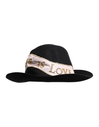Dolce & Gabbana Black Logo Embroidered Women Wide Brim Hat Rabbit Viscose Cotton