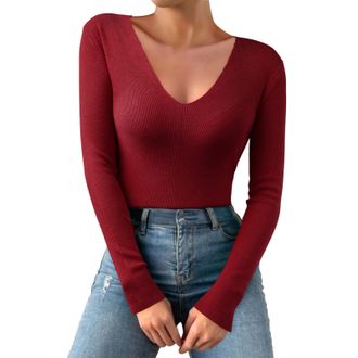 Generic Women Casual Solid Color Deep V Neck Stretch Knit Long Sleeve Top Thermal Underwear Womens Tops (Red, One Size)
