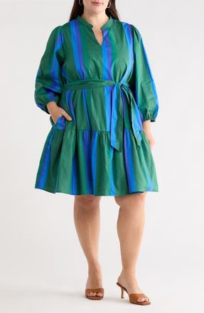Sugarlips Dolary Stripe Tie Waist Dress in Emerald-Blues at Nordstrom, Size 3X