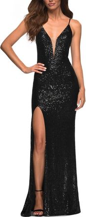 La Femme Sequin Gown with Deep V Neckline and Lace Up Back in Black at Nordstrom, Size 12