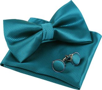Alizeal Solid Pre-tied Bow Tie Cufflinks Hanky Set for Men Neck Wear, Dark Teal
