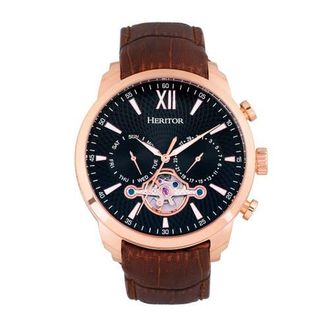 Heritor Arthur Semi-Skeleton Leather-Band Watch w/ Day/Date in Rose Gold/black at Nordstrom
