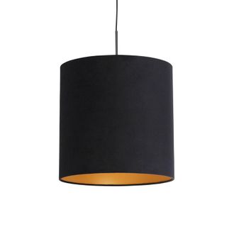 QAZQA Cl&aacute;sico/antiguo L&aacute;mpara Colgante Con Pantalla De Terciopelo Negro Con Dorado 40 Cm - Combi Textil /acero Cil&iacute;ndra /alargada /redonda Adecuado Para Led