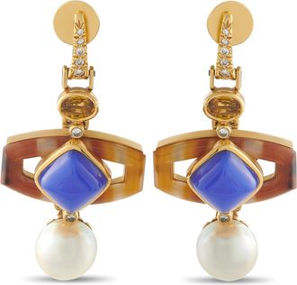 Luxury Bazaar 18K Yellow Gold 0.28ct Diamond, Pearl, Tourmaline, Agate, and Chalcedony Drop Earrings MF14-071526
