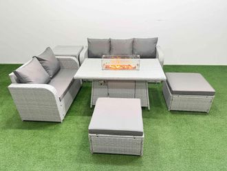 Fimous 7 Seater PE Rattan Wicker Garden Furniture Patio Conservatory Sofa Set w/ Firepit Dining Table 3 Seater Sofa Love Sofa 2 Big Footstool Side