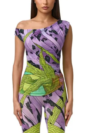 Naked Wardrobe Print Ruched One-Shoulder Top in Lethal Botanical at Nordstrom, Size X-Large