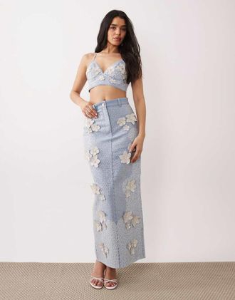Asos Gonna lunga in denim azzurra decorata in coordinato-Blu