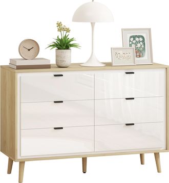 OEM C&oacute;moda 6 Cajones C&oacute;moda Dormitorio Con Patas De Madera Estilo Moderno 110x40x75 Cm Blanco Brillo Y Roble