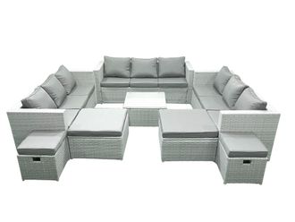 Fimous Rattan Garden Outdoor Furniture Set 13 Seater Rattan Garden Sofa Set with 4 Footstools Light Grey Mixed