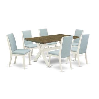 East West Furniture 7Pc Dining Room Table Set Consists of a Rectangle Table and 6 Upholstered Dining Chairs with Baby Blue Color Linen Fabric