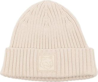 Maison Kitsuné Accessories, female, White, ONE SIZE, Leather Patch Beanie