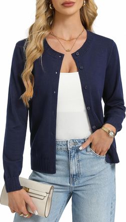Grace Karin Womens Cardigans Long Sleeve, Rundhals Button Down Cardigans for Women UK, Business Casual Blazer Bolero Navy Blue S