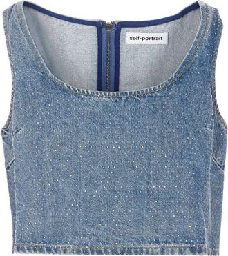 Self Portrait Rhinestone Denim Crop Top - Dames - Tops zonder mouwen - Blauw - S - Denim - Tops
