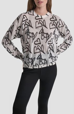 DKNY Lightweight Graffiti Heart Print Sweater in Ivory Graffiti Heart at Nordstrom, Size X-Large