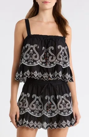 Ramy Brook Leighton Crop Cotton Cover-Up Top in Black/white Eyelet at Nordstrom, Size Xx-Small