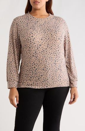 Loveappella Brushed Animal Print Long Sleeve Crewneck Top in Blush/Charcoal at Nordstrom, Size 3 X