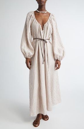 Zimmermann Cascadian Stripe Long Sleeve Linen Maxi Dress in Tan Stripe at Nordstrom, Size 0P