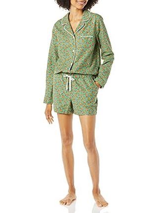 Amazon Essentials Damen Leichter Schlafanzug aus Flanell-Gewebe mit Shorts, Grün, Eichhörnchen, XXL
