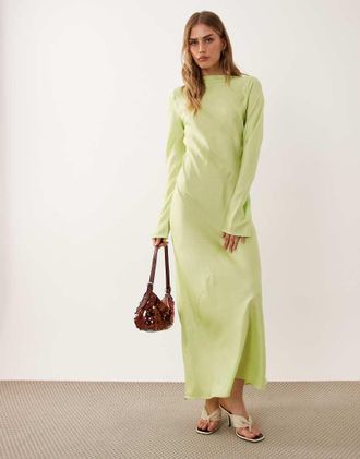 Asos Vestito lungo a maniche lunghe in raso verde lime con scollo a barchetta-Multi