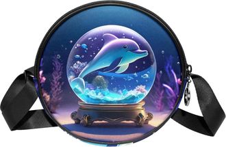 Generic Circle Crossbody Bag for Women, Dolphin Crystal Ball Small Sling Bag Daypack with Zipper Adjustable Shoulder Straps Casual Ladies Girls Round Purse