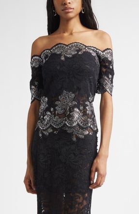 Paco Rabanne Stud Embellished Off the Shoulder Lace Top in Black at Nordstrom, Size 10 Us